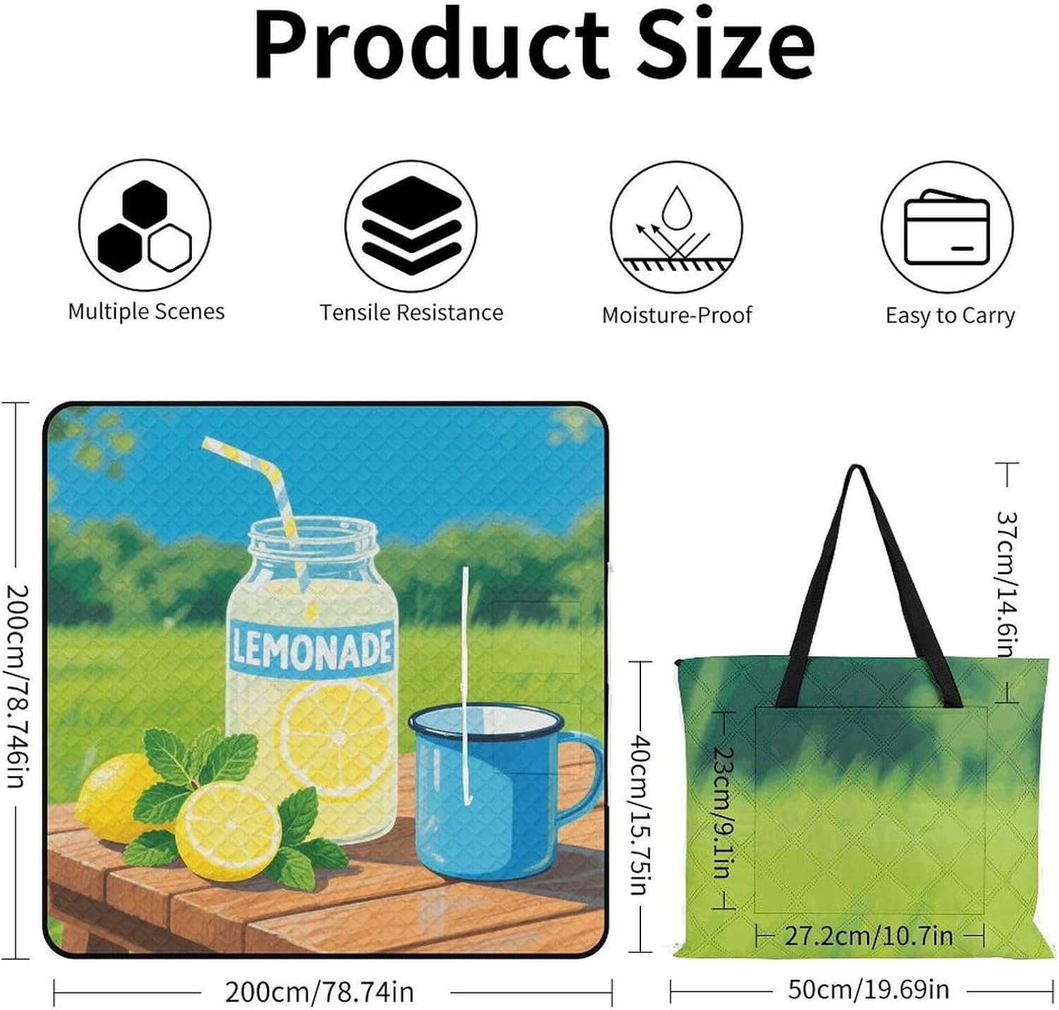 Lemonade Picnic Blanket 200x200cm, Foldable 2-in-1 Picnic Mat and Tote Bag Portable Waterproof Beach Mat Sandproof Outdoor Blanket for Park, Hiking, Beach, Camping, Travel