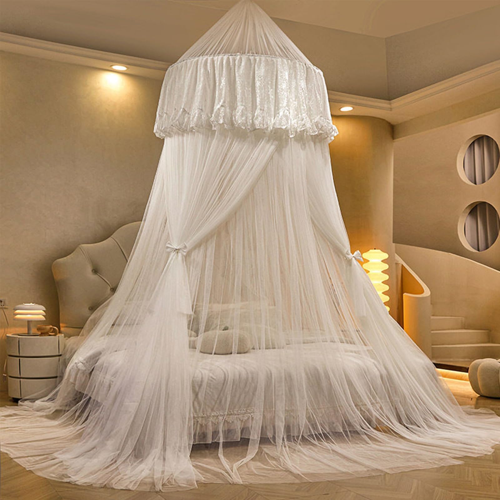 SARKEY Round Dome Canopy Bed Curtain,Ceiling,Floor-standing Mosquito Net,For Girls Ruffle Princess,Unique Play Tent Mesh Canopies Large Lace Drapes Home,Romantic(Pearl white)
