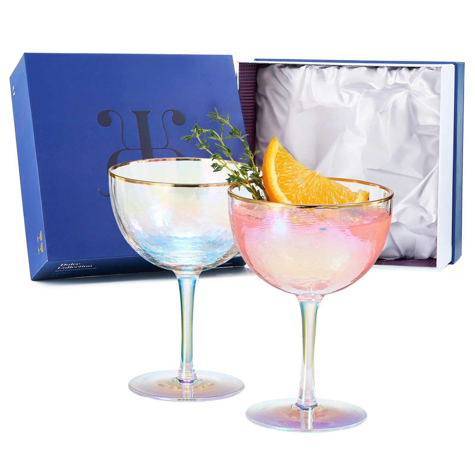 Festlich glänzende, schillernde gehämmerte Coupé-Gläser, 2 Stück, Goldrand, bunte Champagnergläser, Jahrestage, Geburtstagsgeschenk, Cocktail-Party, Strahlung – Wasser, Wein, kosmopolitisch,