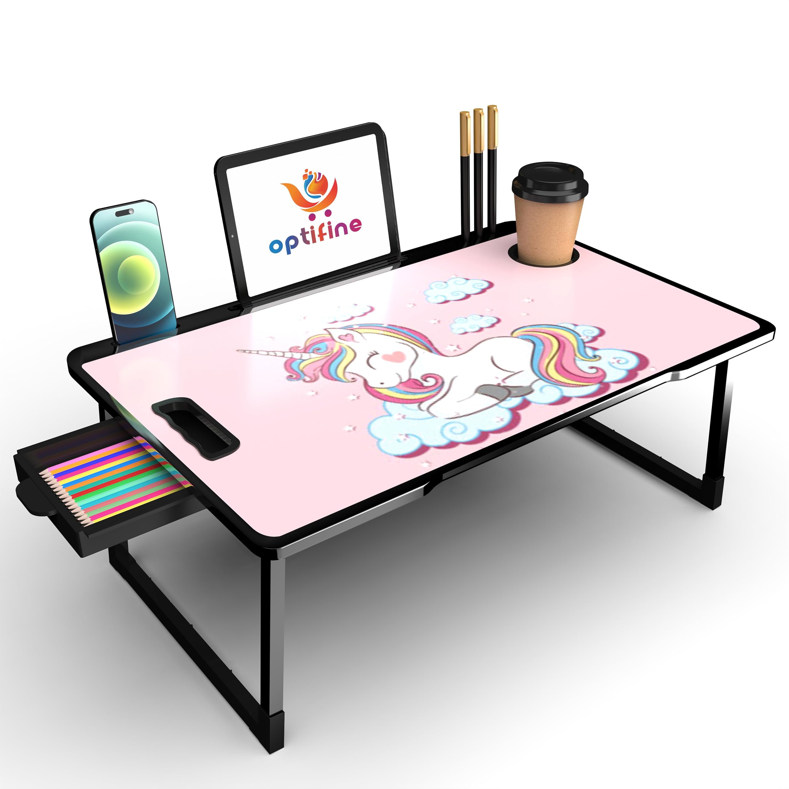 OPTIFINE Foldable Wooden Mini Laptop Table for Bed, Study Table with Drawer, Tablet/Mobile Holder for Kids & Adults->> (Black-US-COTTED-Unicorn) (B0DHQP1BRL) Amazon Price History, Amazon Price Tracker