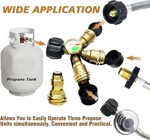 Miniatura 6 de Divisor de propano de tanque de 3 vías QCCPOL con medidor y válvula de cierre, adaptador divisor en Y, tanque de propano LP, adaptador de medidor de