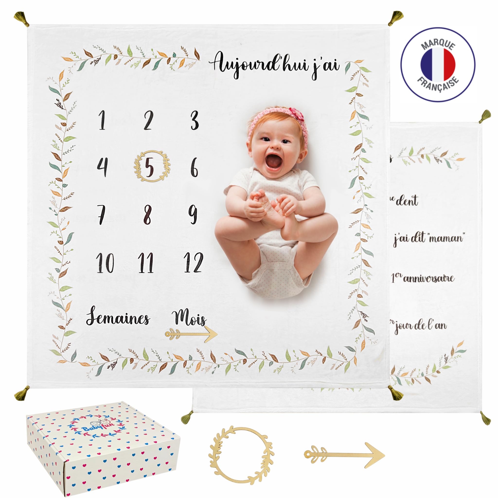 Babyfun Couverture Etape Bebe Imprimée Double Face – Tapis Mois Bebe en Français - Tapis Photo Bebe Mois - Cadeau Naissance Fille ou garçon - Label Oeko-TEX - Accessoires et Boite Cadeau Inclus
