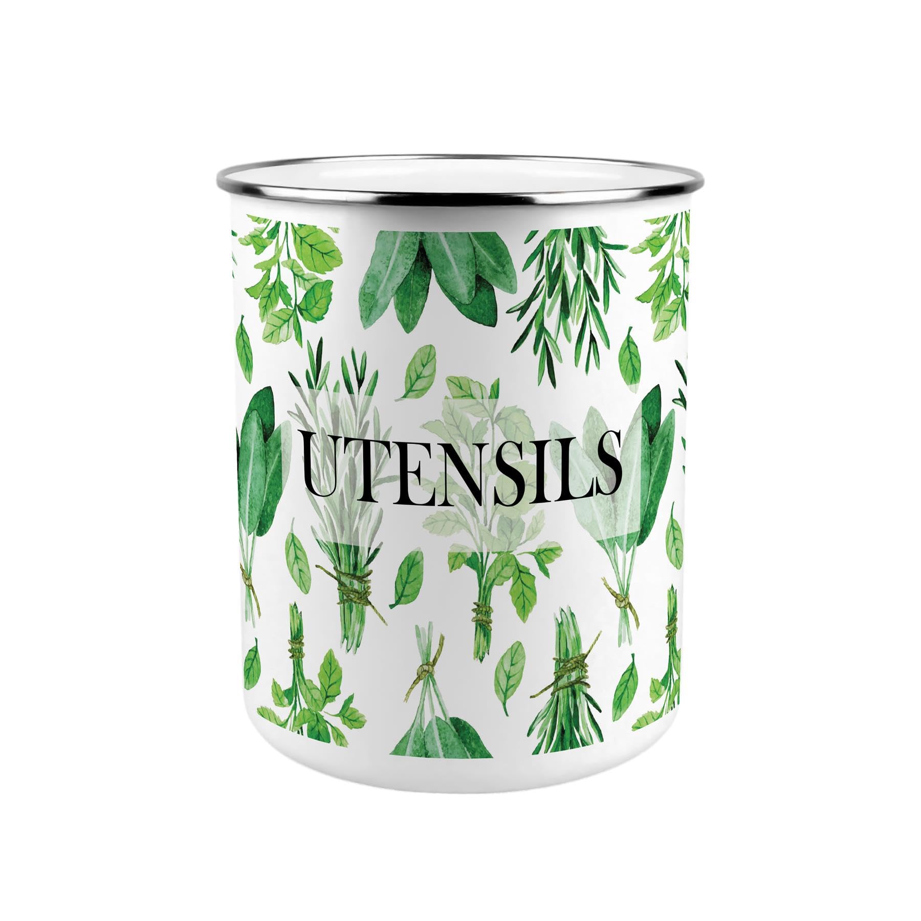 Purely Home Green Herbs Metal Utensil Holder - XL Kitchen Utensil Pot/Organiser for Countertop Decor Gift 18x16.5cm