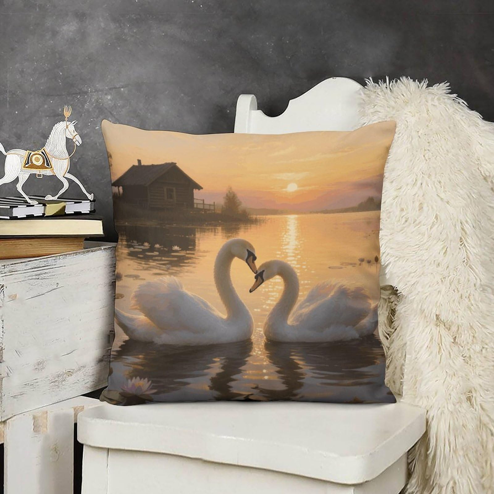 FodPand Boho Farmhouse Sunset Couple Swans Lake Pillow Covers with Hidden Zipper 24x24 Soft Plush Cushion Cover Decorative Throw Pillow Cases for Couch Bed Sofa Living Room Indoor Outdoor Home Decor
