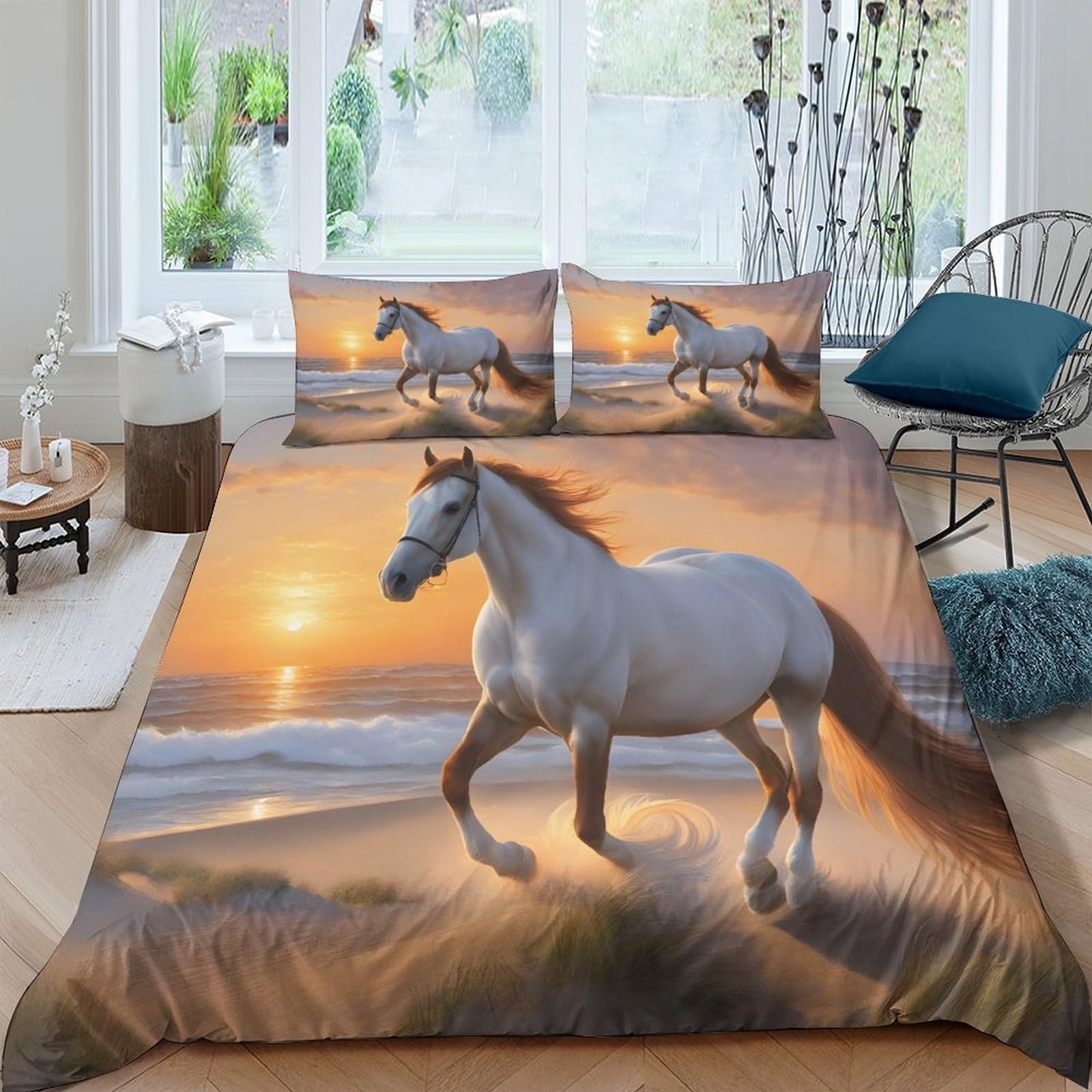 Ctjqhvkz Style-10 3D Printed Sunset Beach Horse Fitted Sheet Microfiber Non Slip Bed Cover For Bedroom Dorm Easy Care Single（135X200cm）