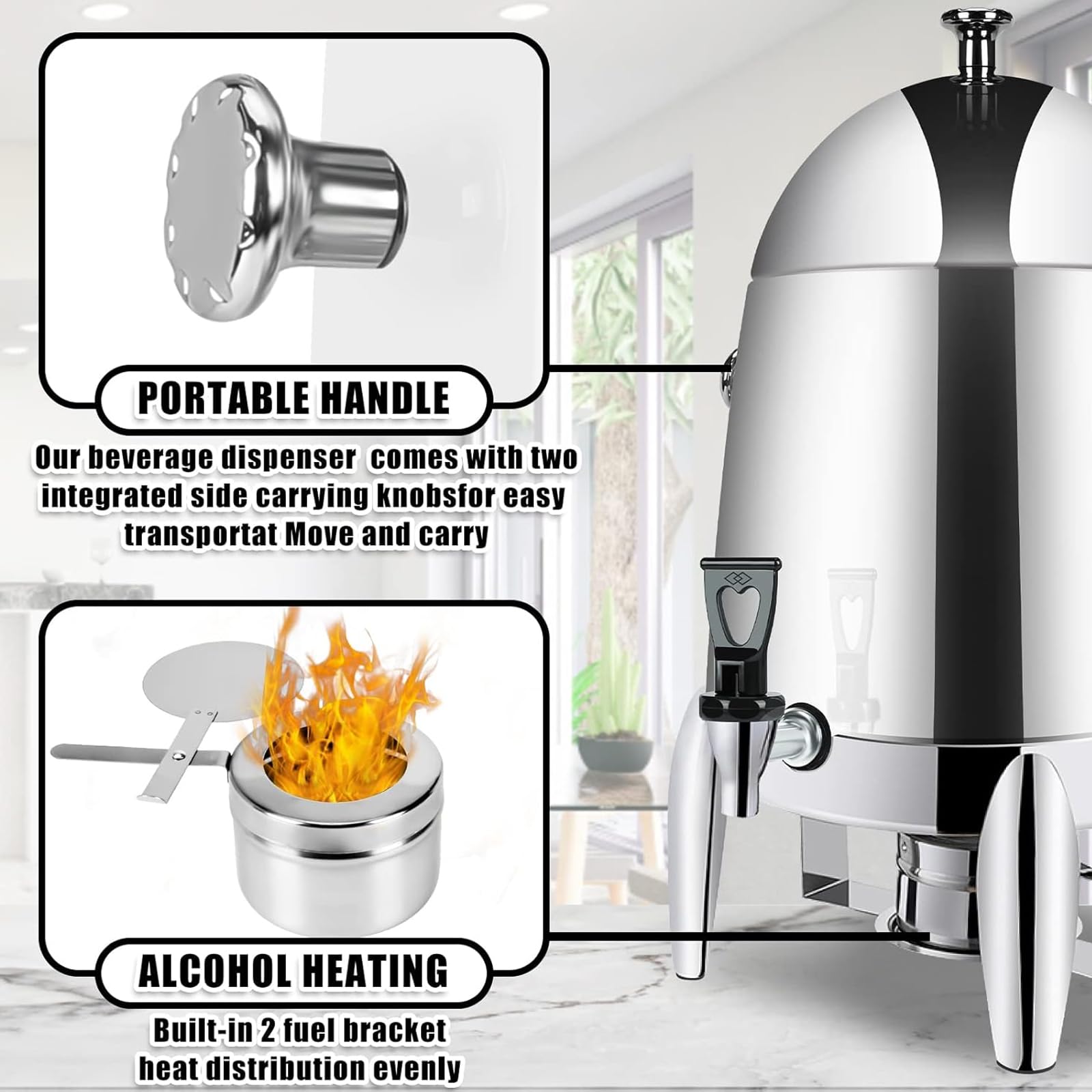 Urna de café con soporte para combustible, dispensadores de bebidas de acero inoxidable de 3,2 galones, lata de calentamiento continuo, té, agua, café, urna con espiga para fiestas, buffet, catering