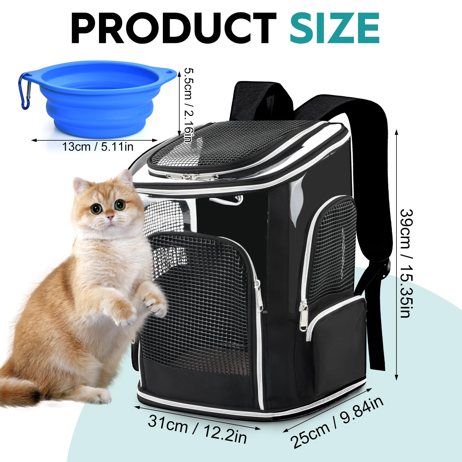 Zaino per animali domestici, zaino per gatti, fino a 10 kg, zaino per animali domestici con finestra a rete e ciotola pieghevole per viaggi, escursionismo (nero)