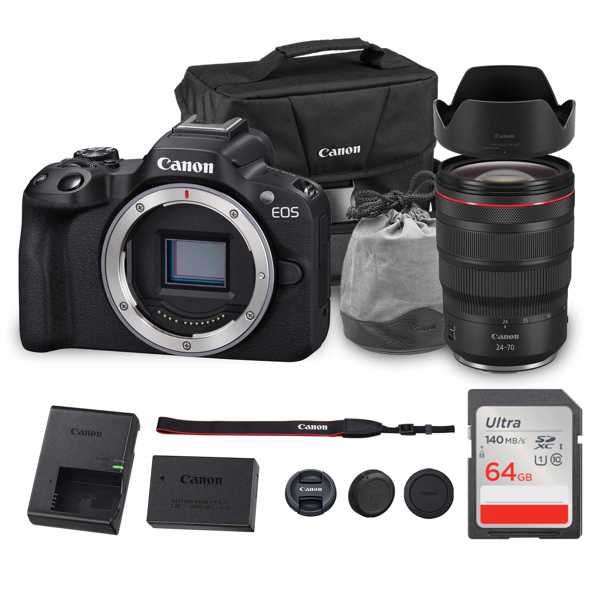 Canon EOS R50 Mirrorless Camera | 24.2MP APS-C, 4K 30p Video, Dual Pixel AF II, 15fps Burst, Vari-Angle Screen, Compact Beginner Vlogging Camera (5811C002) + Canon RF 24-70mm Lens + Bag + 64GB Card