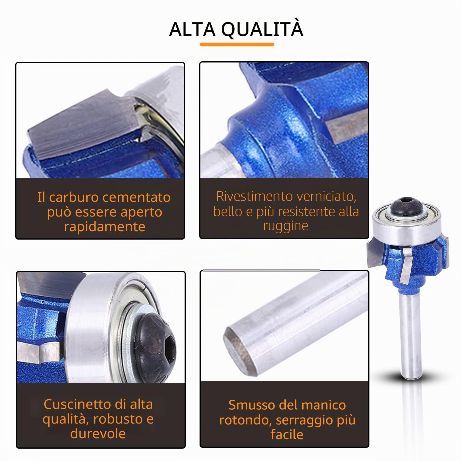 Punte per router arrotondati con gambo 8 mm, punta per bordi arrotondati angolari in metallo duro, taglierina per bordi a 4 taglienti per fresatura del legno, raggio metrico(1mm)