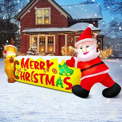 Miniatura 4 de KOOY Reno inflable de Papá Noel de 10 pies con pancarta de Feliz Navidad, decoración inflable de Navidad, decoración de patio, luz LED para fiestas,