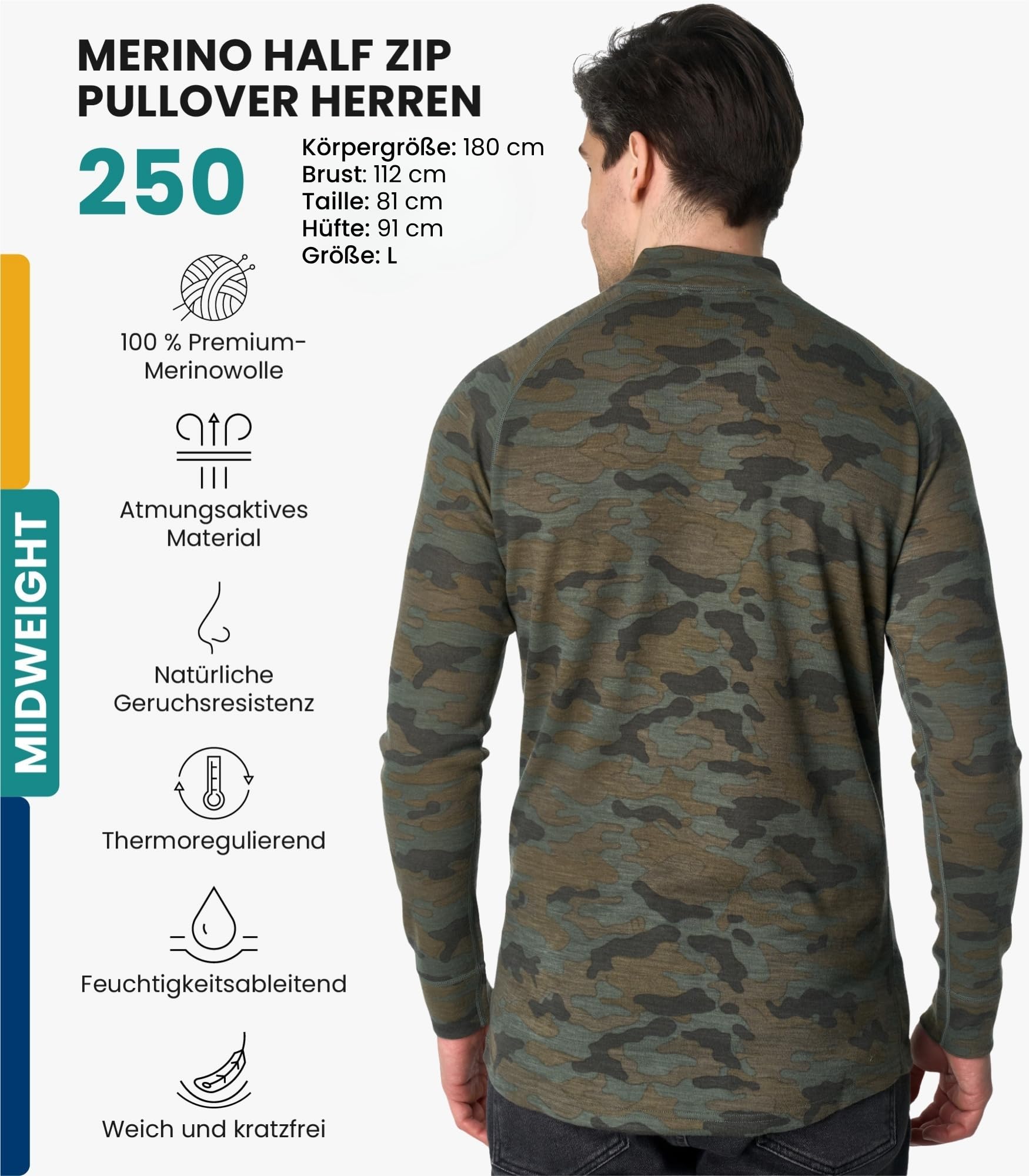 Merino.tech 100% Merinowolle Half Zip Pullover Herren – Atmungsaktiv Merino Unterwäsche Herren mit Reißverschluss
