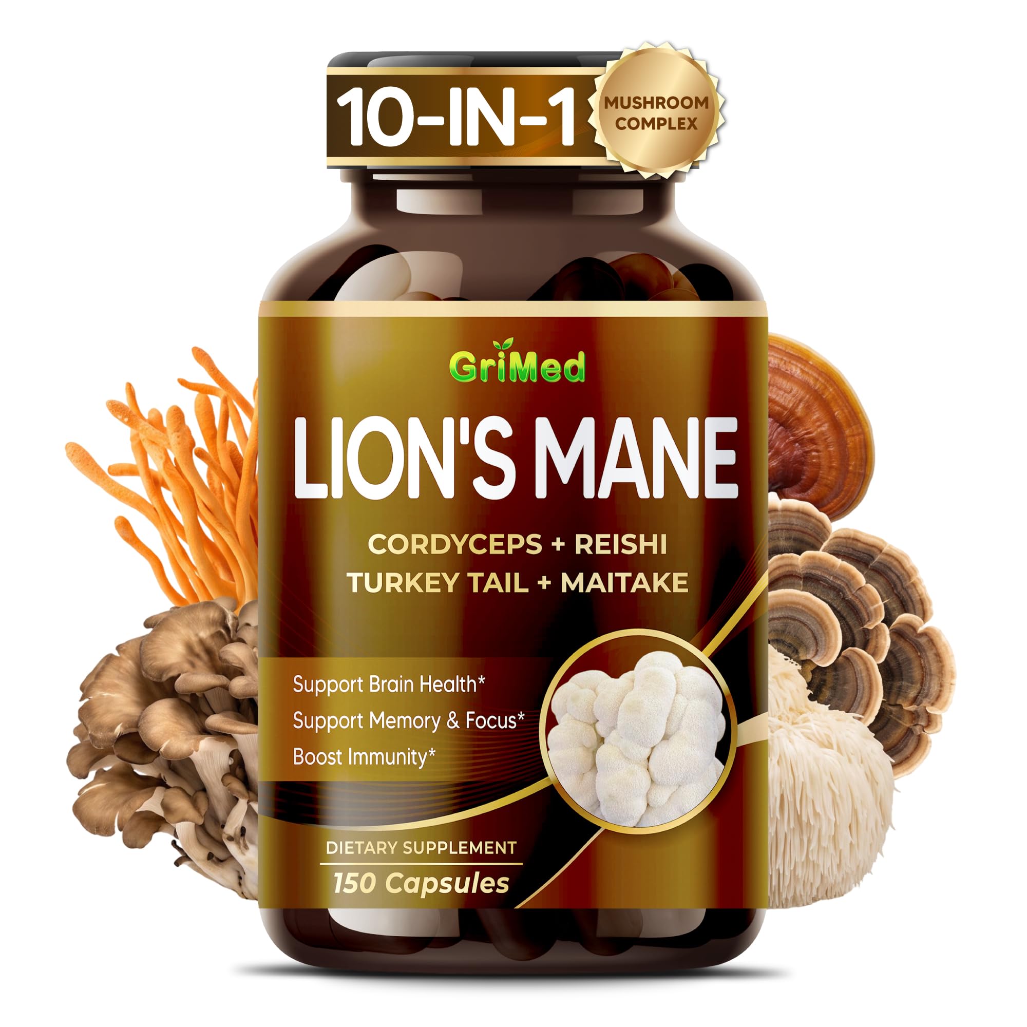 GriMed Lion's Mane 9-Mushroom Complex with Cordyceps & Reishi, 150 Capsules