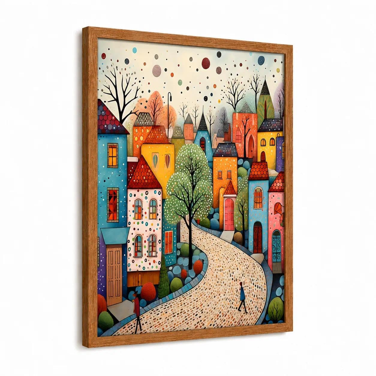 Elvynln Wall Art for Living Room 12x16 Inch, Framed Canvas Print, Colourful House Picture with Walnut Colour Frame, Bedroom Decor, Home Office Artwork