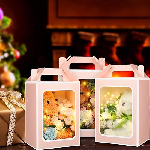 Miniatura 10 de Kosiz 24 cajas de regalo rojas con ventana transparente, bolsas de papel grandes de 9.8 x 7 x 5.1 pulgadas, caja de ramo de dulces de boda, bolsas