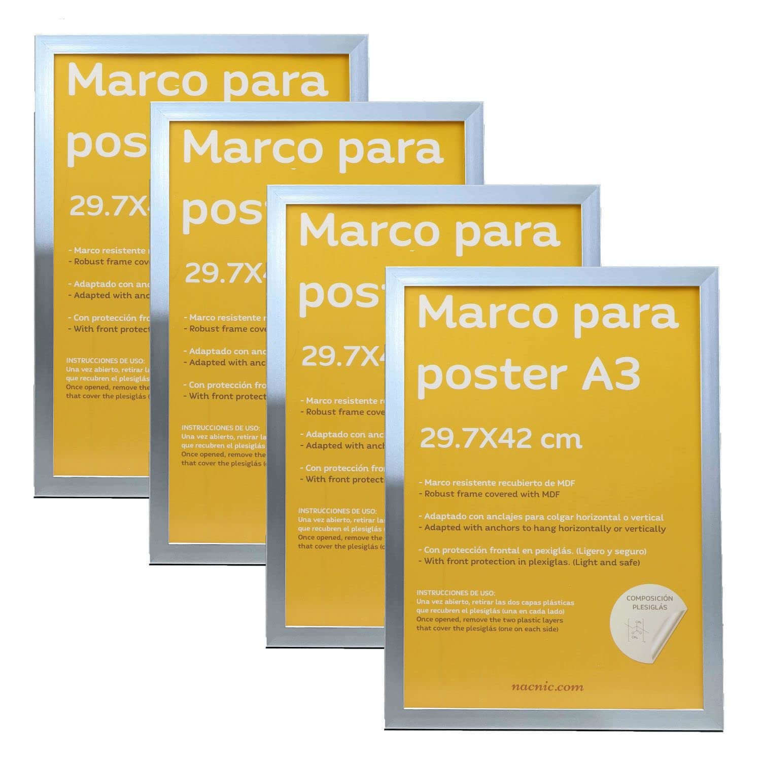 Nacnic - Pack 4 drewniane ramki ze srebra MDF i szkła akrylowego | Ochrona i ekspozytor zdjęć, folii, plakatów, obrazów i dekoracji do salonu, sypialni lub biura | A3 (29.7x42 cm)