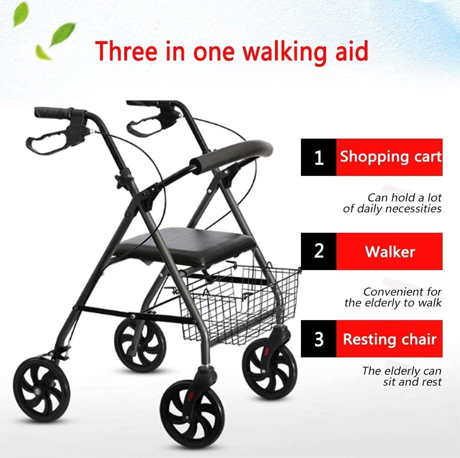 Rollator Walker Lekki, składany chodzik na 4 kołach z wyściełanym siedziskiem, podparciem pleców, ergonomicznymi uchwytami z koszem siedziska dla osób starszych z regulowaną wysokością, kolor czarny