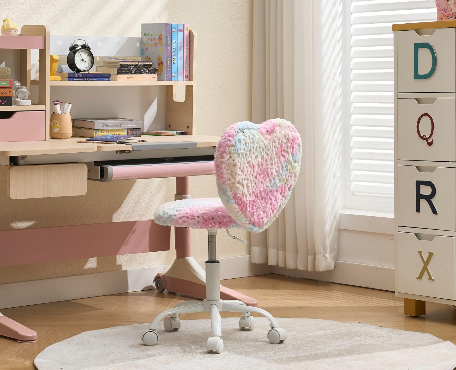 chairus Silla Escritorio Niña de Piel Sintética Silla Infantil de Corazón, Silla Giratoria de Estudio para Niñas con Ruedas y Altura Ajustable, Rosa
