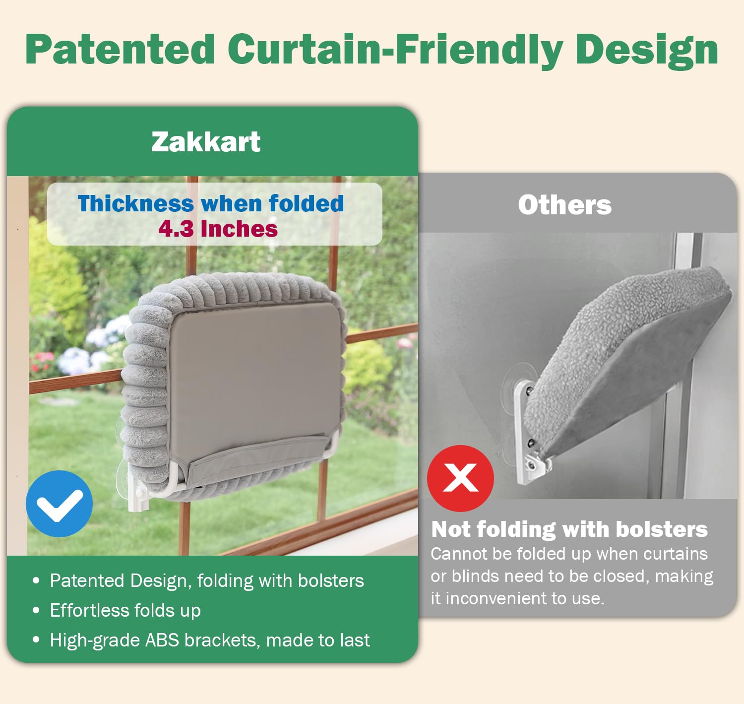 Zakkart SnugCloud Foldable Cat Window Perch - Cordless, Ultra Soft Machine Washable Bed with 4-Sided Bolster, Metal Frame - Window Hammock for Large Cats and Kittens (Cream White, Medium) - image 2