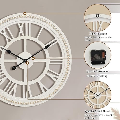 Miniatura 3 de Reloj de pared de granja grande de 24 pulgadas, decoración rústica de madera, sin tictac, fácil de colgar para sala de estar, dormitorio, cocina