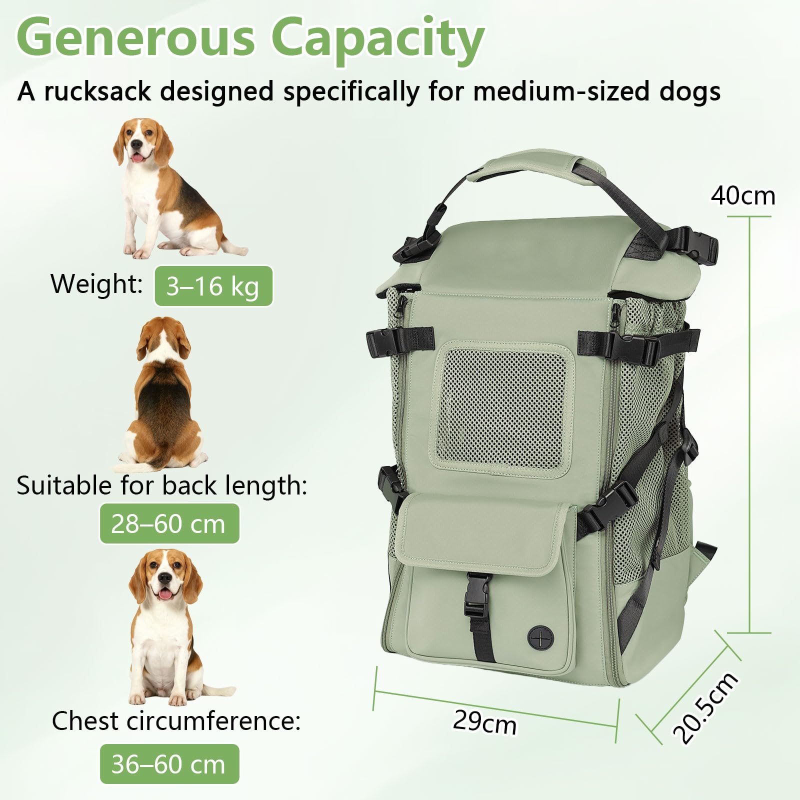 Hunderucksack für mittelgroße Hunde, Belastbarkeit 3-16kg, Atmungsaktiv und Bequem Haustier, Wasserdicht, Tragbarer Verstellbarer Hundetragerucksack für Wandern, Reisen