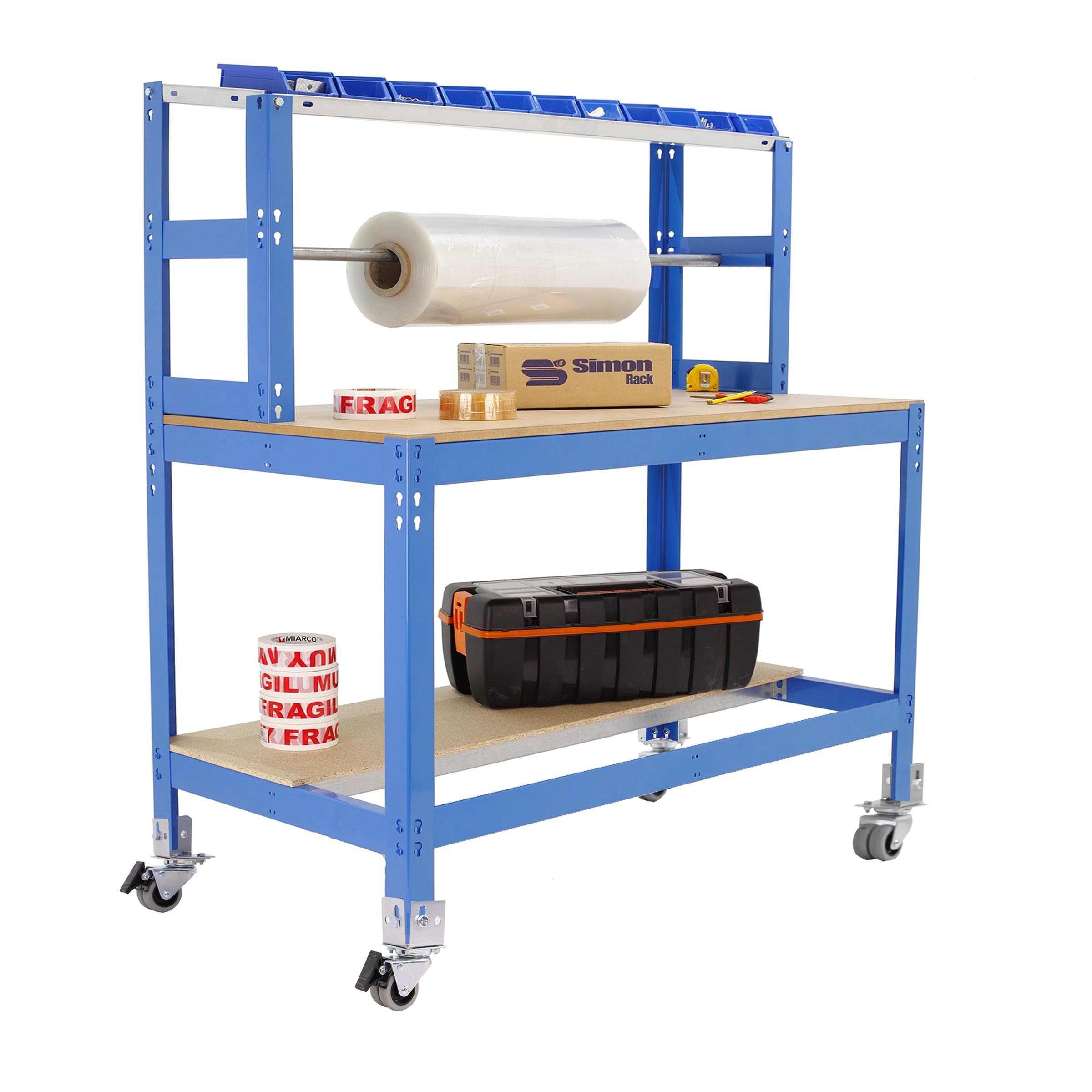 Simon Rack Banco de Trabajo Taller con Ruedas 1510x760 mm - BT4 | Porta Rollo, Tablero madera 16 mm, Capacidad Carga 120 kg, Azul , Pintura anticorrosión, Montaje sistema clic
