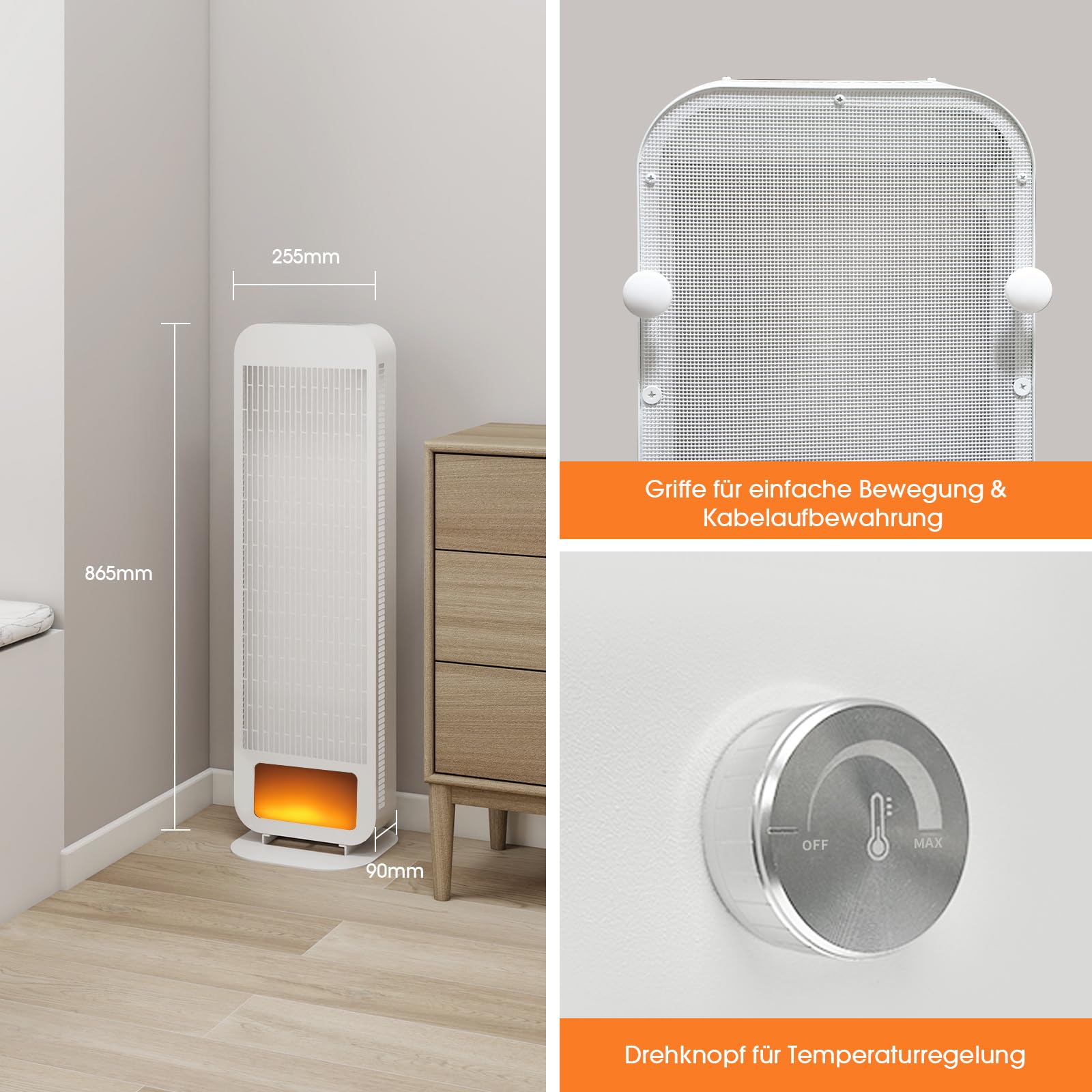 Infrarotheizung Standgerät Standfuß, Infrarot Heizstrahler mit LED Flammeneffekt, Infrarotstrahler 1400 Watt, Standheizstrahler mit Drehknopf, Standheizung Elektrisch, Elektroheizung, Strahlend, Weiß