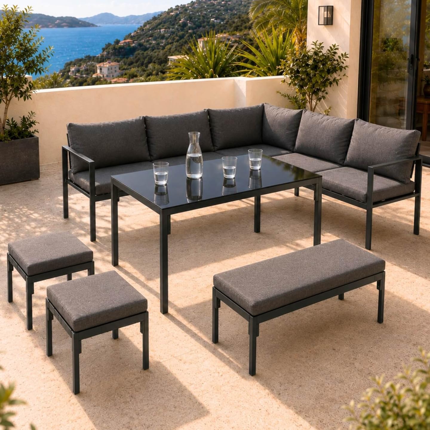 IDMarket - Salon de Jardin Repas Nayla 8 Places d'angle avec Table à Manger