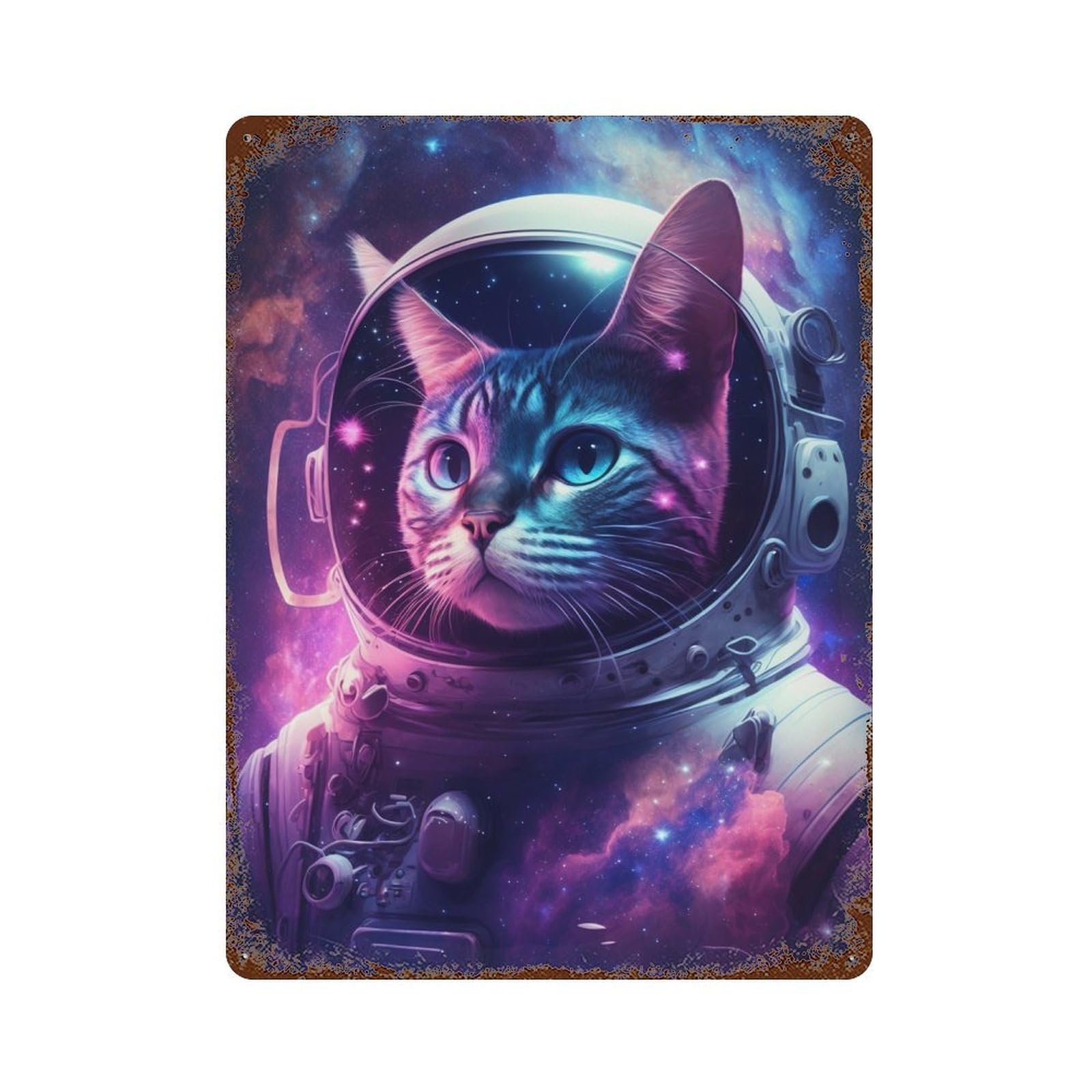 Rust Effect Cosmic Cat Astronaut-10 Rustic Tin Plaque 15.7"x11.8", Shabby Chic Decor for Basement, Hobby Room And Garage Decor