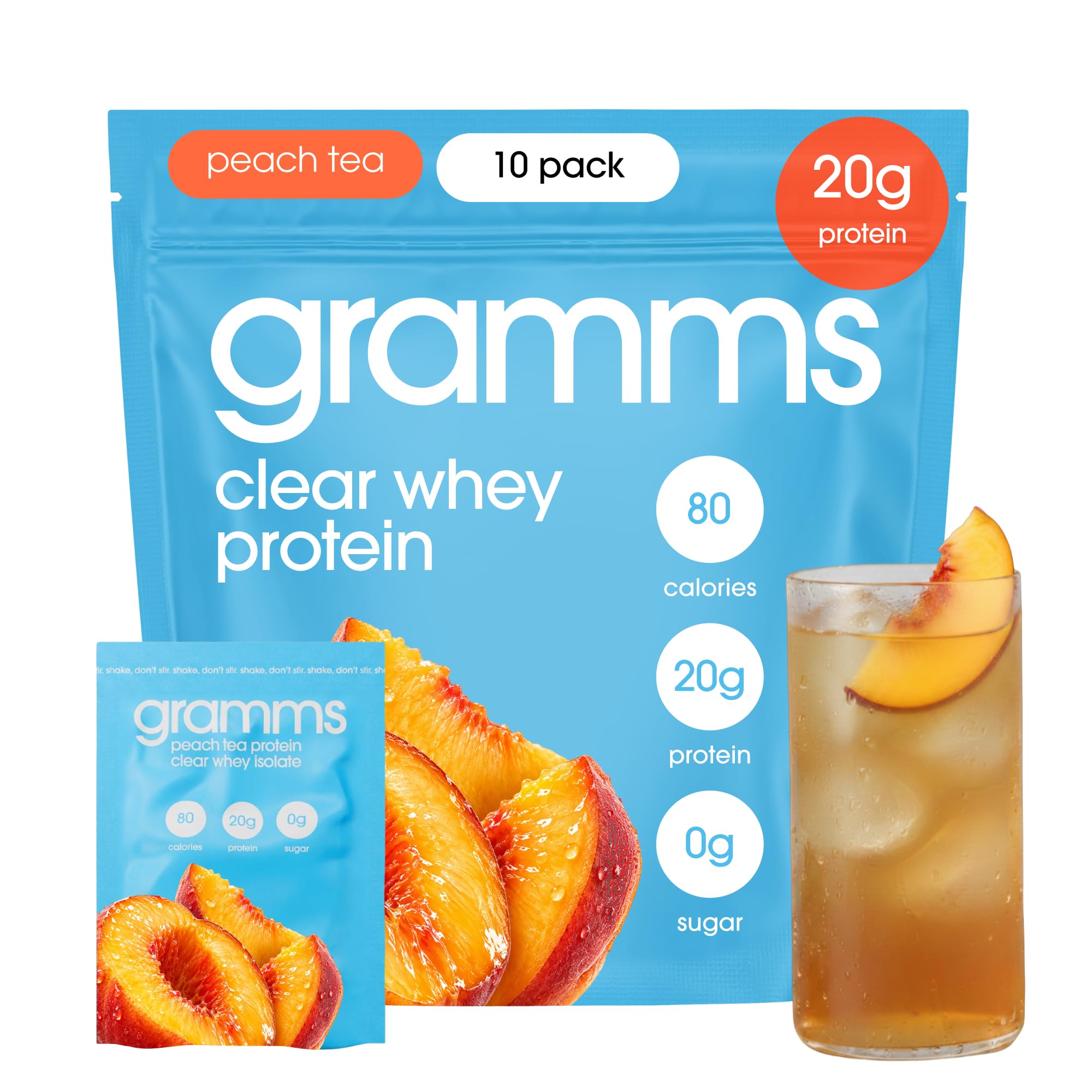GRAMMS Clear Protein Powder | 20G Whey Isolate | Gluten Sugar Lactose Free | 3rd Party Tested for Purity, Grass Fed European Whey Protein | Peach Tea | 18 Servings — Amazon image 3