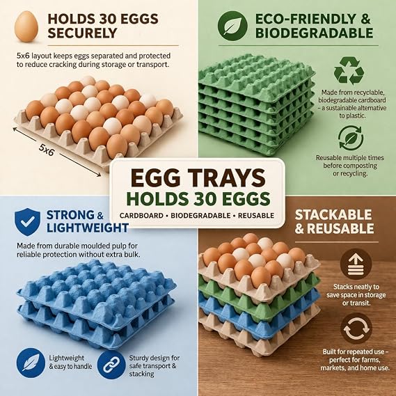 Egg Trays Holds 30 eggs - Cardboard Biodegradable boxes - Reusable Egg Tray Boxes (5, Red)