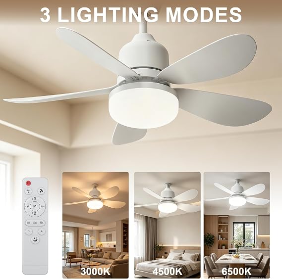 E27/B22 Remote Control Ceiling Fan with Light, 40W LED Dimmable - 3 Speeds & 3 Color Temperatures (3000-6500K) - 5 Blades DC Motor - 2/4H Timer for Living Room, Bedroom, Kitchen (B22) [Energy Class A]