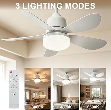 E27/B22 Remote Control Ceiling Fan with Light, 40W LED Dimmable - 3 Speeds & 3 Color Temperatures (3000-6500K) - 5 Blades DC Motor - 2/4H Timer for Living Room, Bedroom, Kitchen (B22) [Energy Class A]