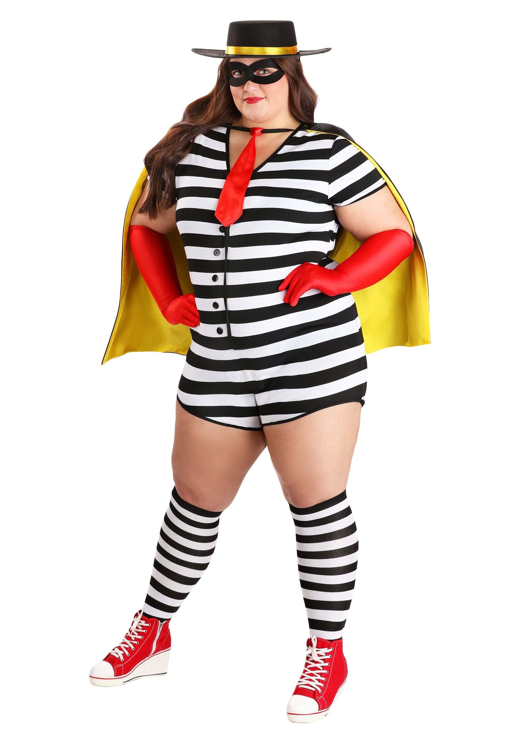 Costume da Hamburglar da donna, taglie forti, divertente pagliaccetto con cappello, maschera, mantello, guanti e calzini