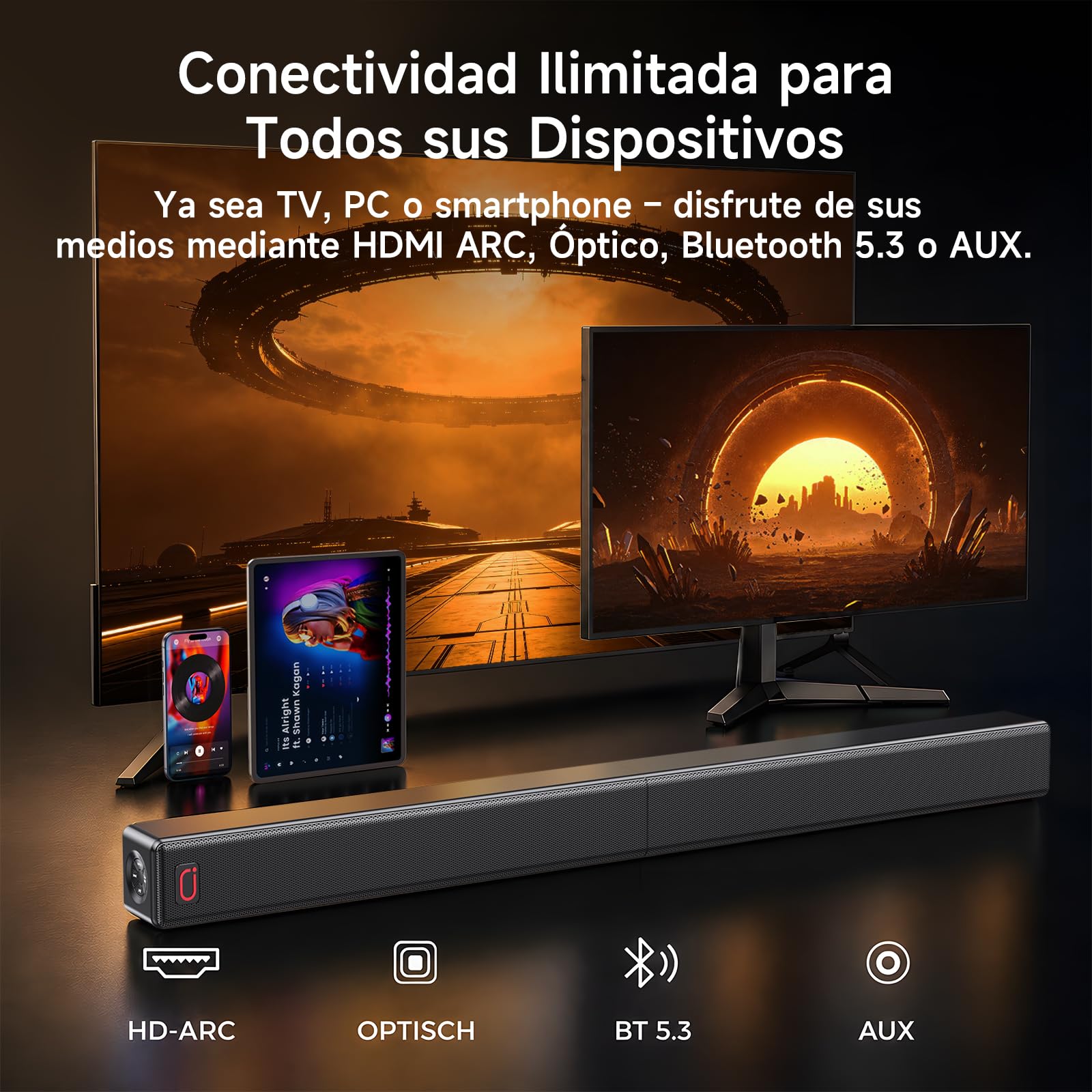 JYX 2.1ch Barra de Sonido para TV, 2026 Upgrade 120W 2 en 1 Desmontable, Barras Altavoces Bluetooth 5.3 con ARC/Opt/AUX, Graves Ajustables (4 Altavoces + 2 Tubos Reflex)