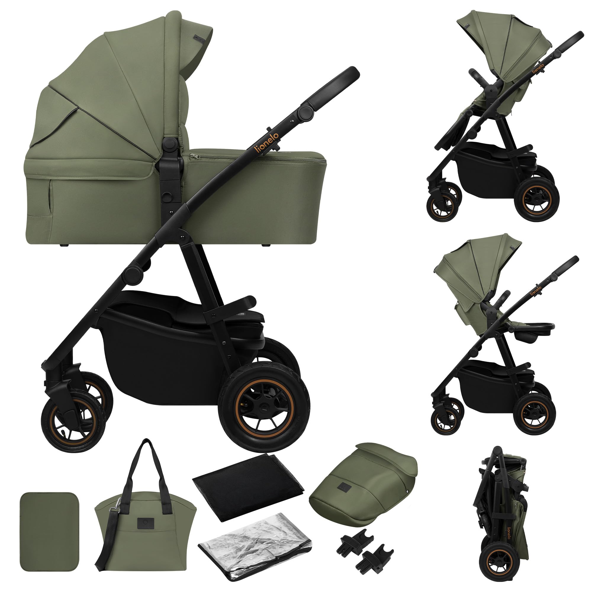 LIONELO AMBER PLUS 2 w 1 Spacerowy Wózek Dziecięcy od 0 do 4 lat do 22kg z Gondolą XL, Regulacja Oparcia, 5 Punktowe Pasy Duże Terenowe Koła 360o Budka XXL Amortyzacja Spacerówka (Zielony)