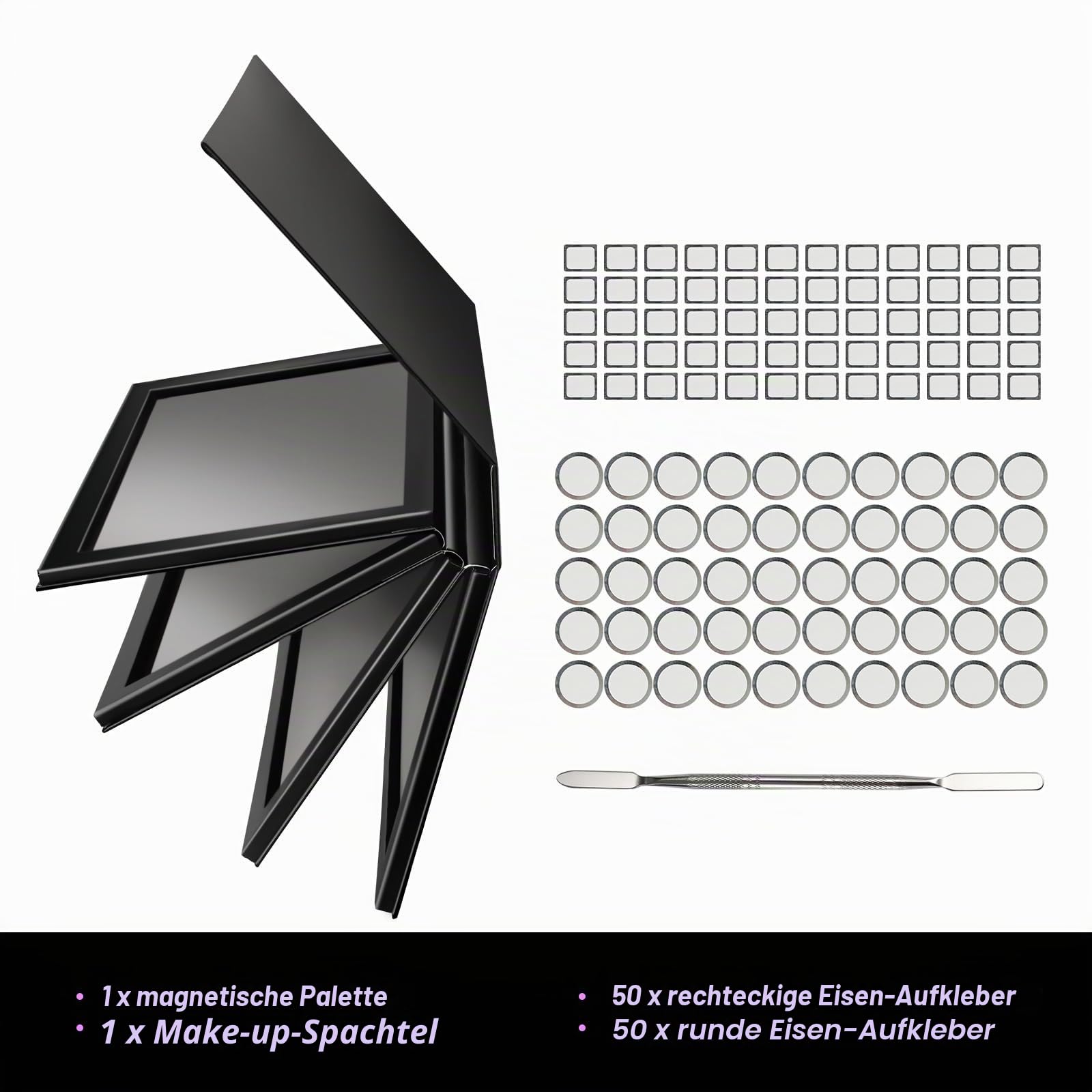 Starke 4-lagige leere magnetische Palette, Buchpalette, 1 Make-up-Spatel, 50 runde Metallaufkleber, 50 quadratische Metallaufkleber