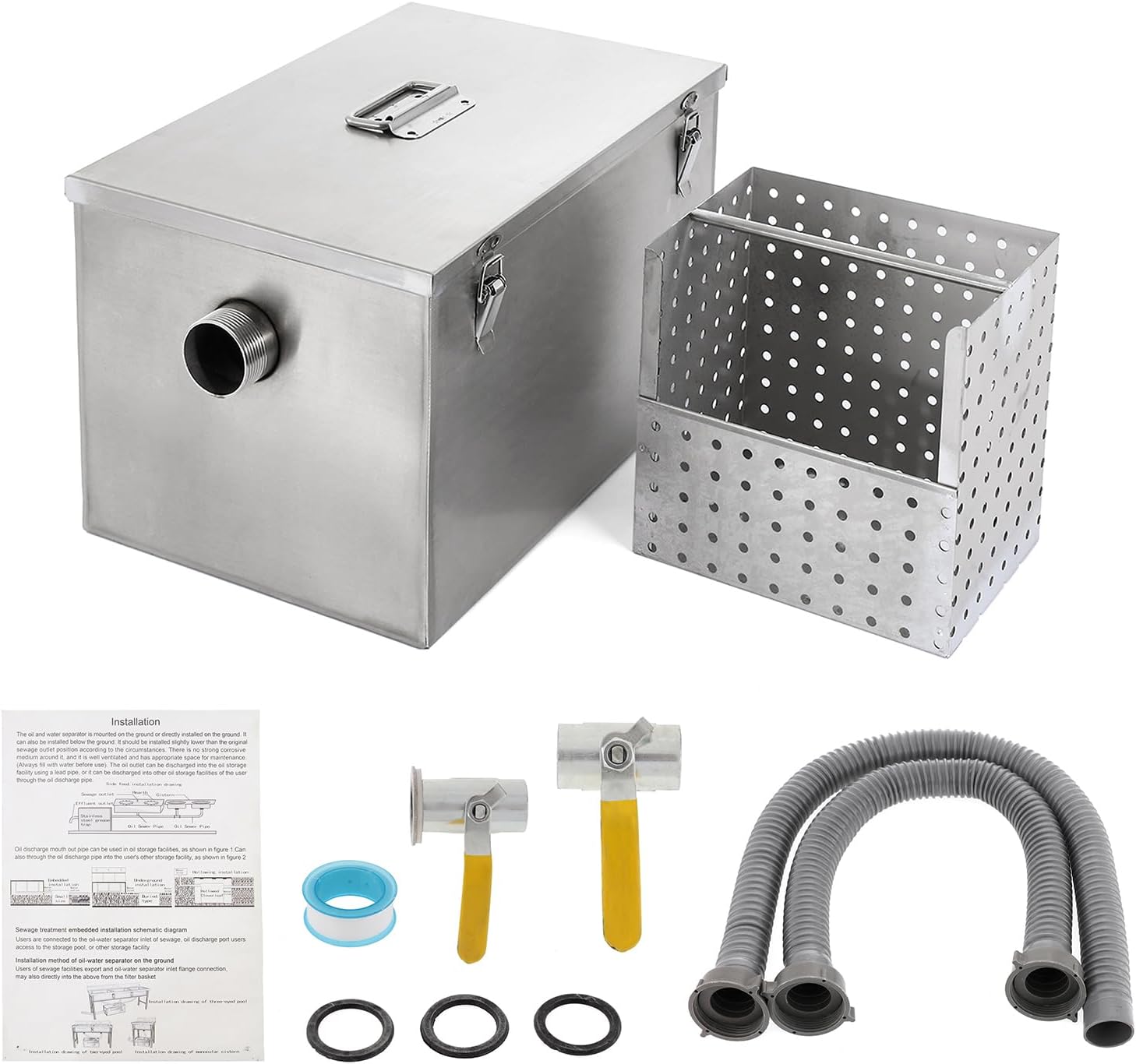 BEAMNOVA 8lbs Commercial Grease Trap Stainless Steel Interceptor for Restaurant Side Inlet