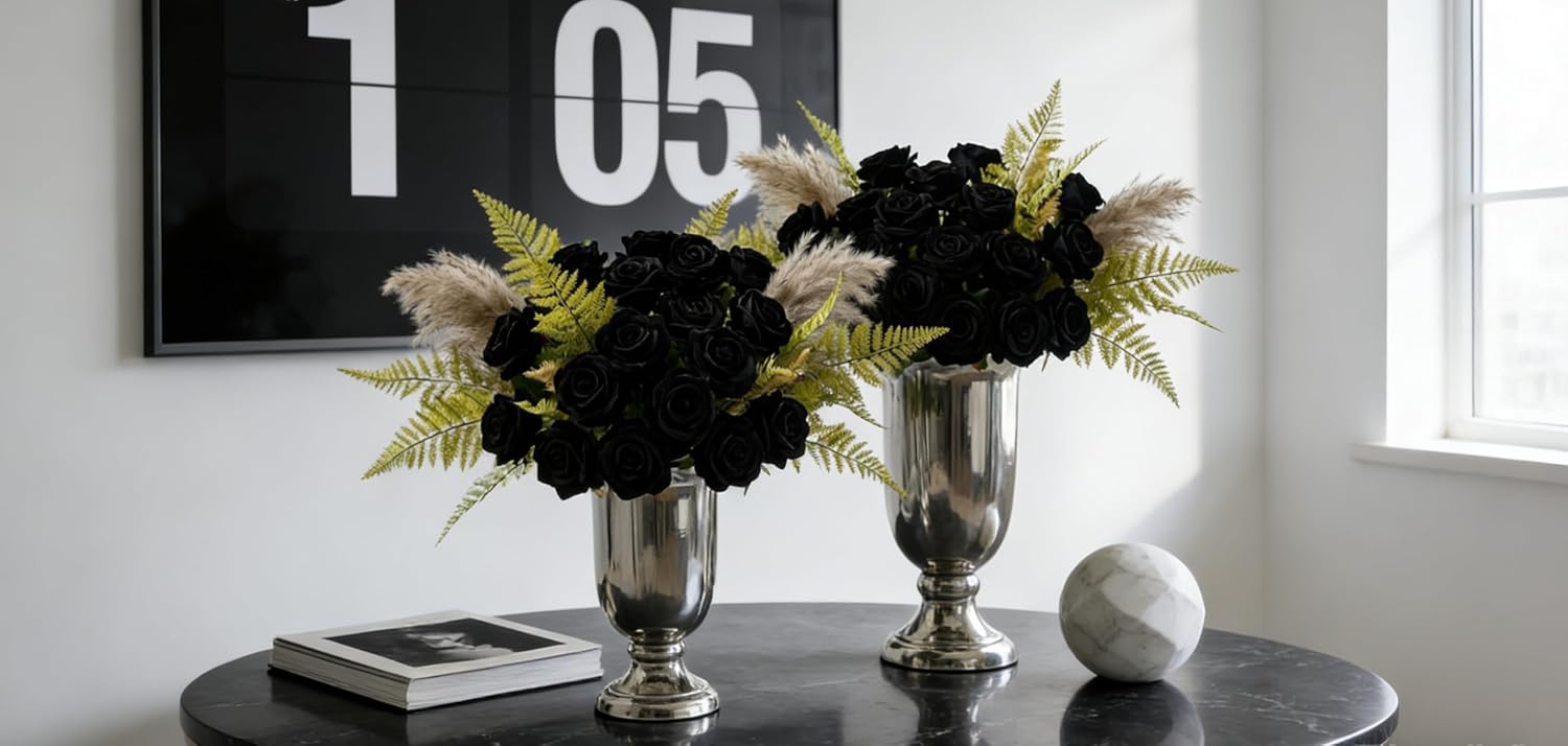 AmyHomie 48 PCS Black Roses Velvet Realistic Artificial Flowers with Bendable Stems for Wedding Bouquets Baby Shower Party Home Decor Fake Flowers Gifts for Valentines, Mothers Day, Womens Day