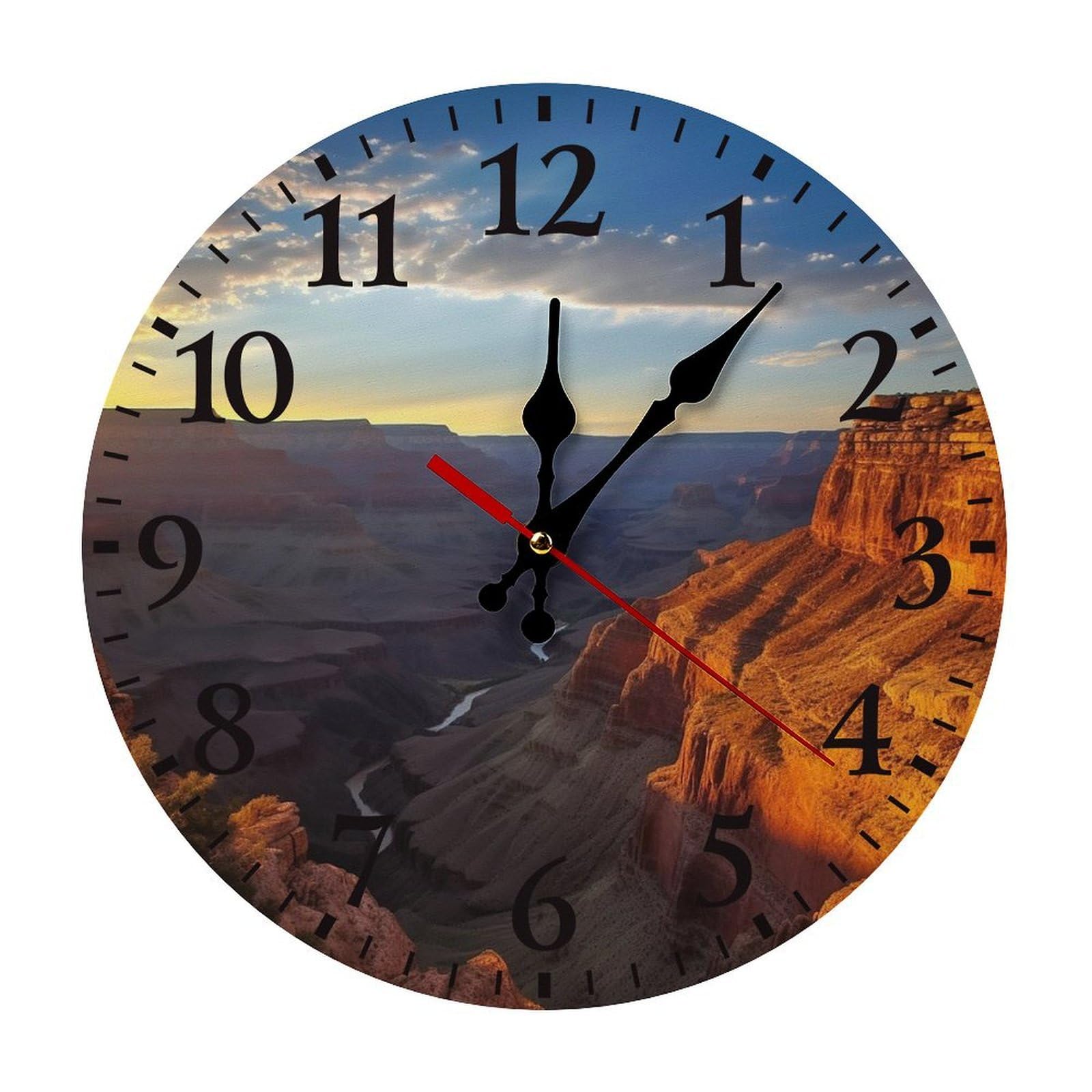 QMNLKH Canyon at Sunset Wall Clock for Home, Battery Operated Clock for Hotel, Round Wall Clock with Arabic Numerals Black, Easy to Read, Non-Ticking Clocks for Living Room 25 * 25cm