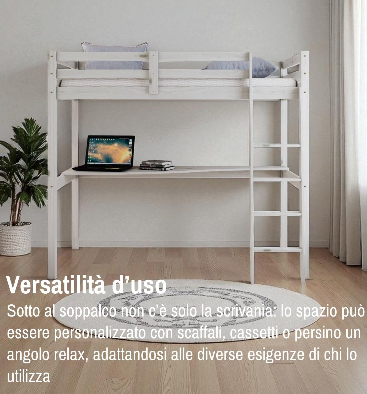 Arredo Stock Letto singolo a soppalco con scrivania inclusa, 90x190x176 cm (Bianco naturale)