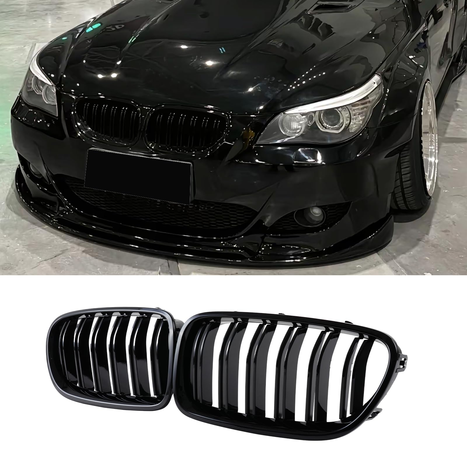 E60 E61 Rejilla de radiador para BMW 5er E60 E61 M5 Parrilla riñones Dobles Negro 2003-2009（For 5er E60 2006-2009）