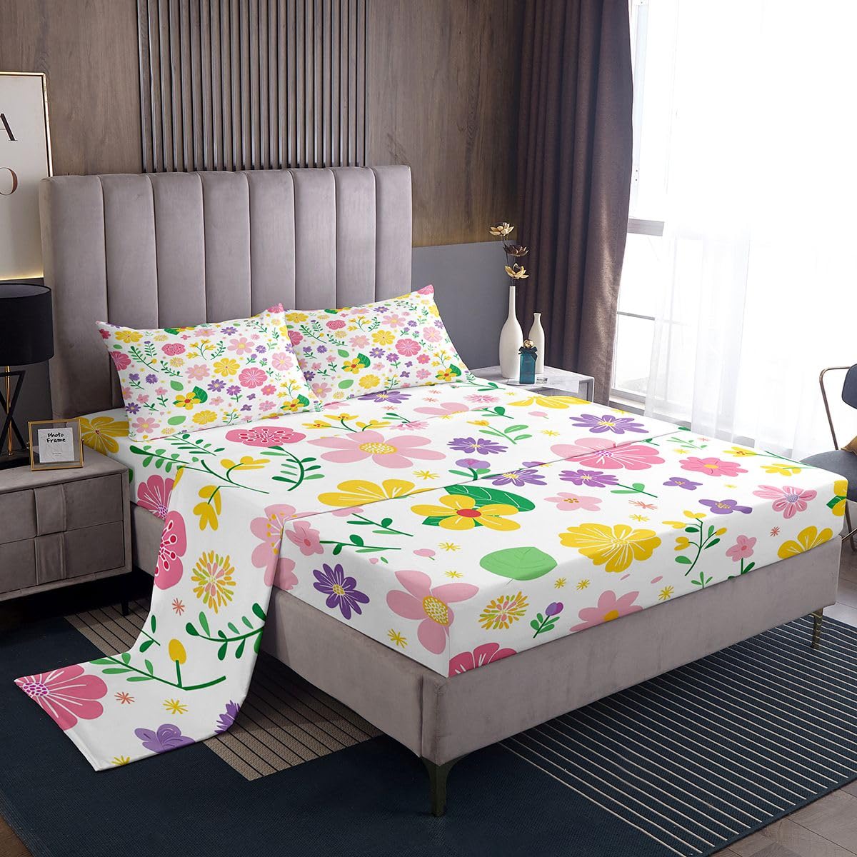 jejeloiu Floral Bed Sheets Set Queen Size Plant Deep Pocket Fitted Sheet Farmhouse Garden Bedding Sets Cute Soft Bed Set 4Pcs with 2 Pillow Cases Yellow Pink