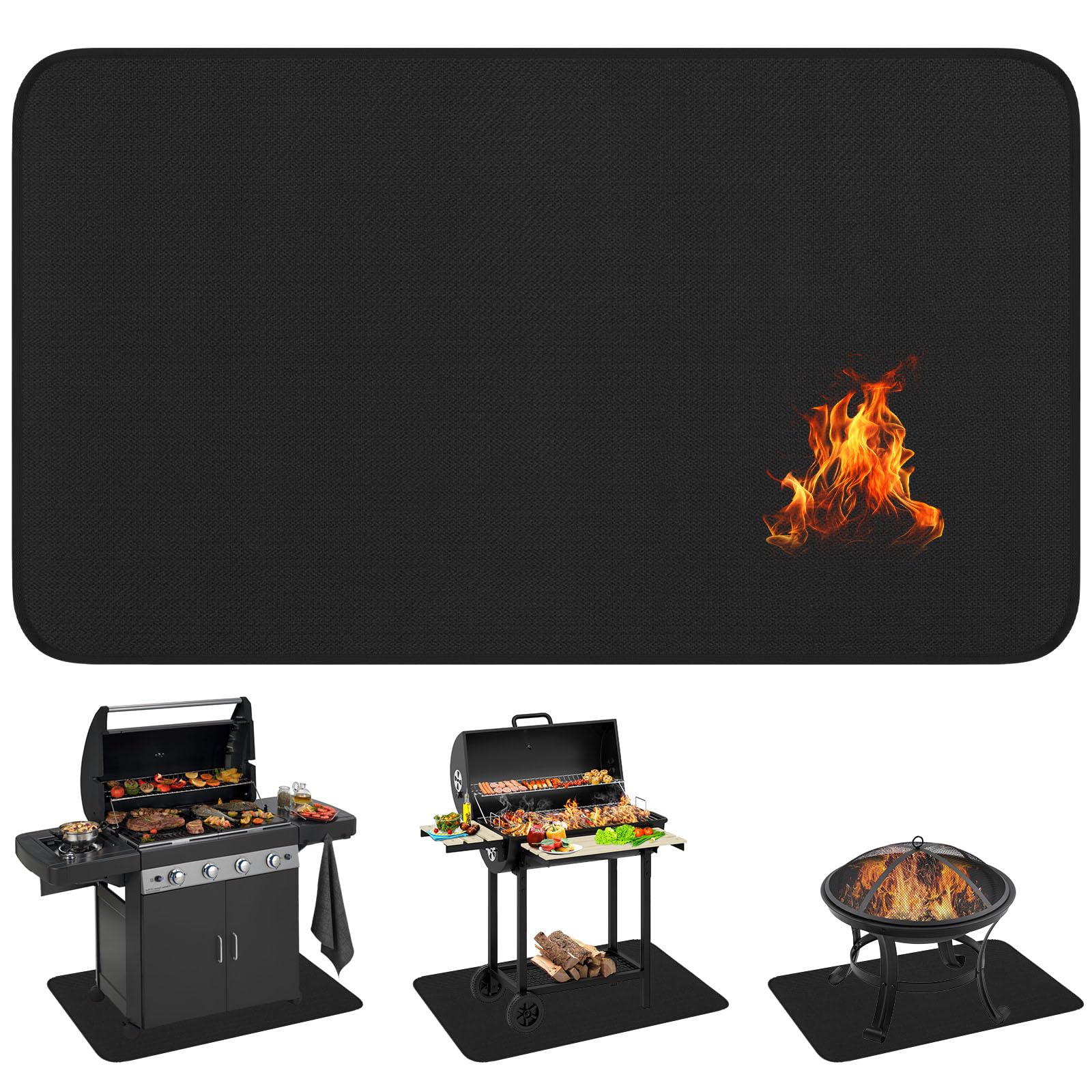 AOOSU Thickened Under Grill Mat, 61*107CM Fireproof Grill Mats, Grass Protection Mats Reusable for Gas Grills Smokers, Garden Fireproof Mat Outdoor Lawn Deck Patio & Indoor Fireplace Fire Pit, Black