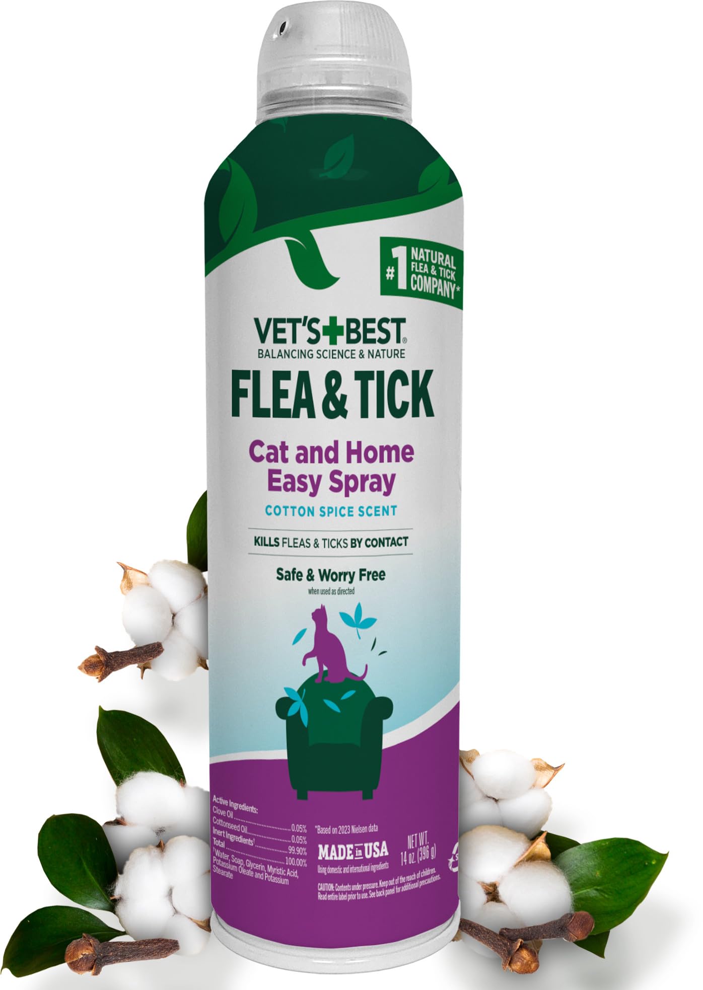 Natural Flea & Tick Easy Spray for Cats – Natural Flea & Tick Prevention with Cotton Spice Scent – Plant-Based Cat Spray with Essential Oils – Gentle Pest Control Formula – 14 oz Bottle