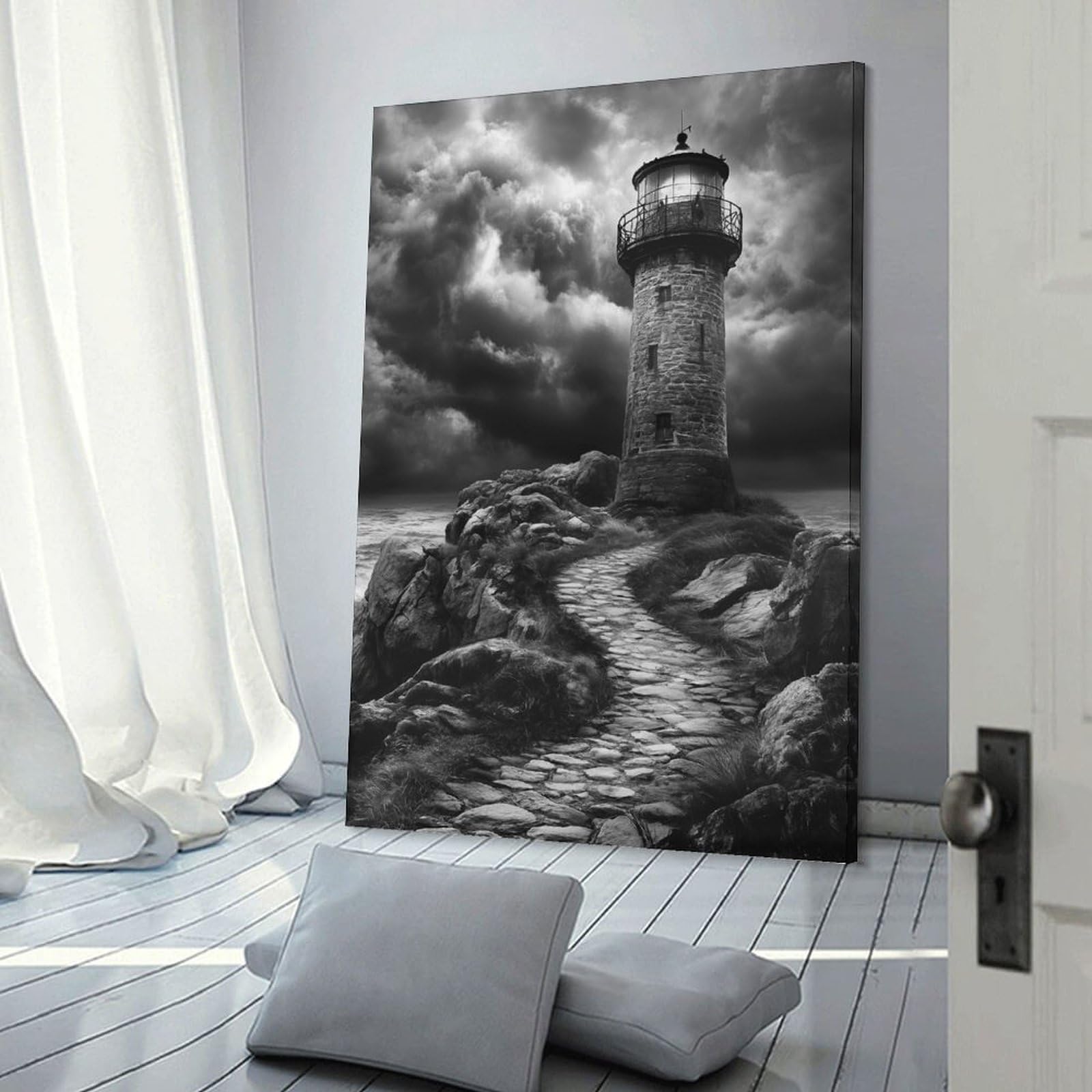 Junmoney Frame-Style-17 Lighthouse On Rocky Coast Hanging Wall Art, 24X36inch(60X90cm), For Bedroom Decor, Cosy Corners Or Studios, An Easy Wall Refresh For Bedrooms