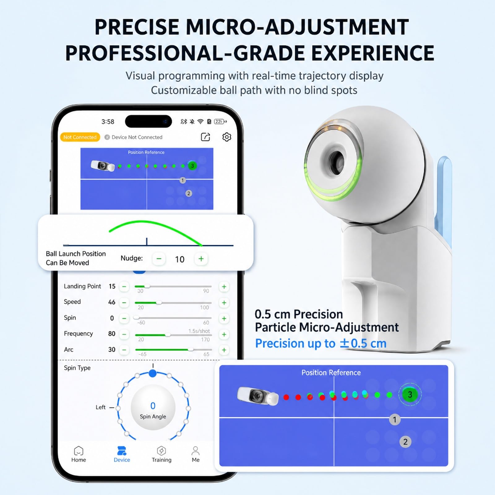 Robot da ping pong da tavolo, regolazione spin/velocità/punto atterraggio | Macchina da ping pong automatica, alimentazione a batteria, capacità 160 palline, controllo tramite telecomando/app