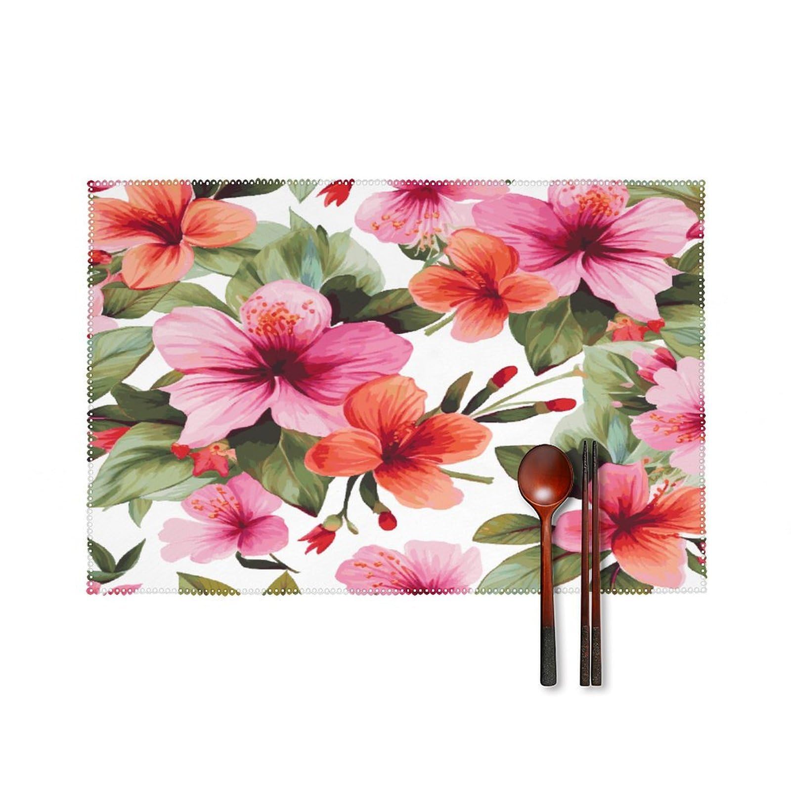 Btcowzrv Style Hawaiian Flower Print1 Canvas Placemats Set Of 6, Wipeable Washable Place Mats For Indoor & Outdoor, Table Mat Decor For Kitchen Dining Party