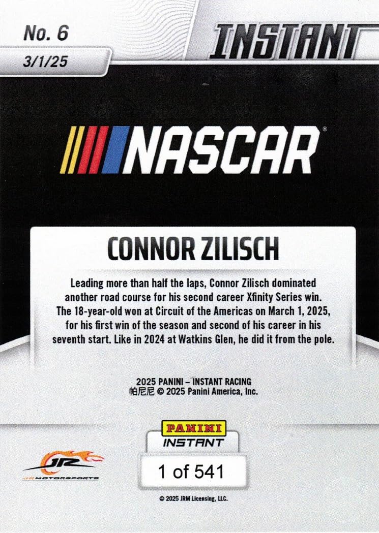 Amazon.com: 2025 Panini Instant Racing #6 Connor Zilisch Rookie