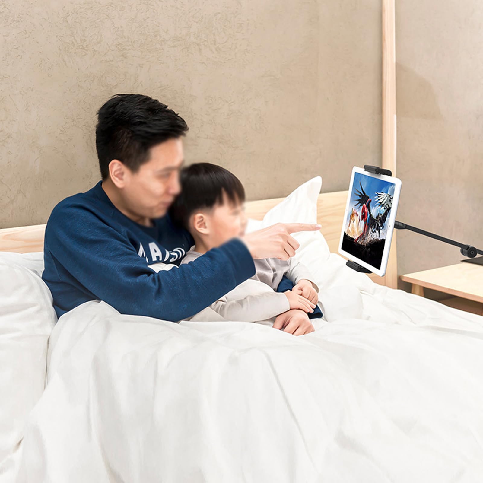 Soporte para tablet con brazo flexible y bandeja, giratorio de 360 grados para vlogging y transmisión en vivo, compatible con tabletas y teléfonos inteligentes de 4.7 a 12.9 pulgadas