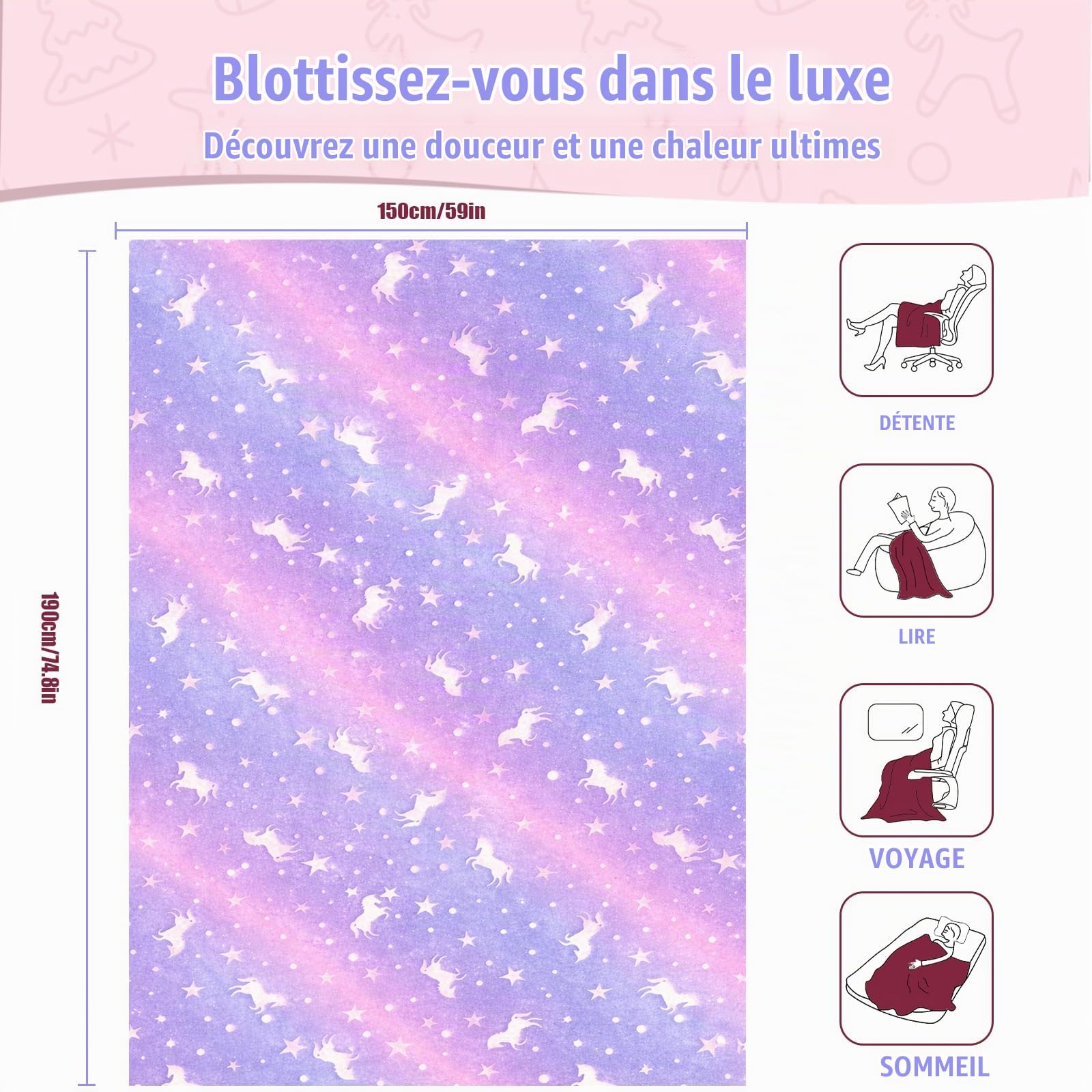 Couverture phosphorescente pour Enfants Couverture en Flanelle Polaire Motif étoiles Couverture Toutes Saisons de Noël, d'anniversaire Violet